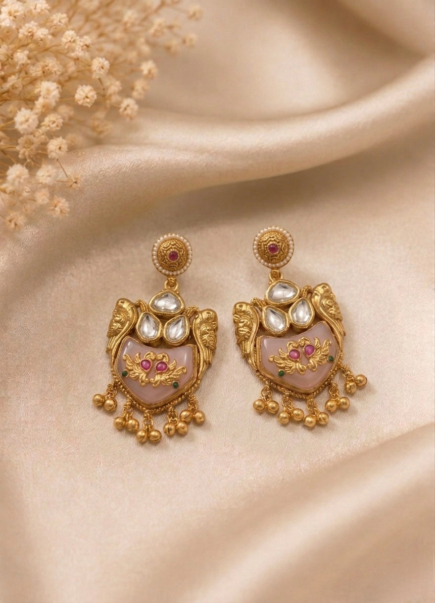 Royal Pink Peacock Kashmiri Earrings