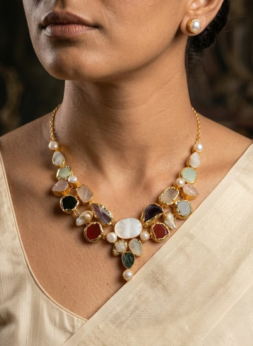 Raw Gemstone Pearl Necklace