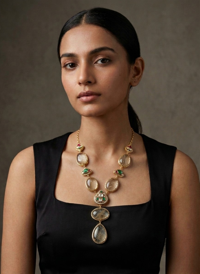 Gold Rutilated Quartz Drop Necklace