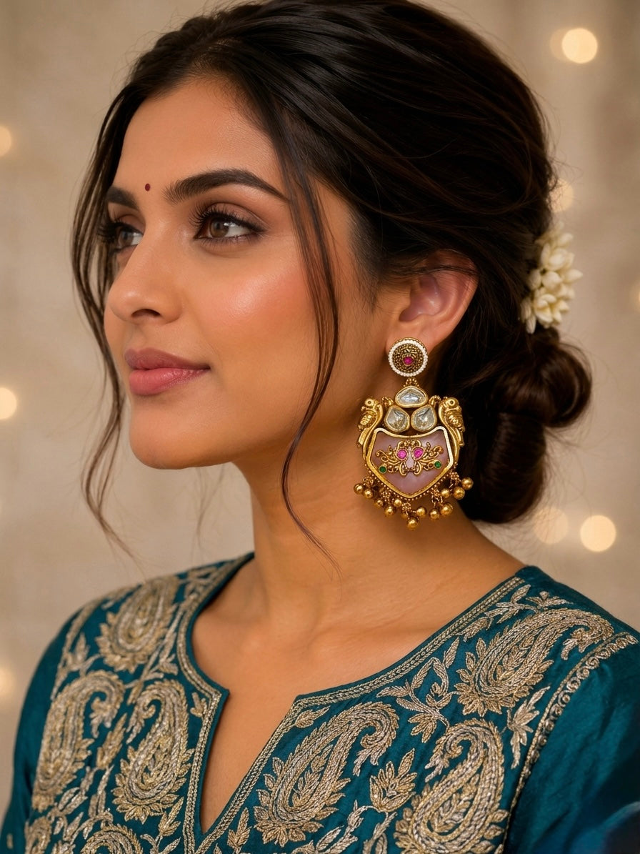 Royal Pink Peacock Kashmiri Earrings