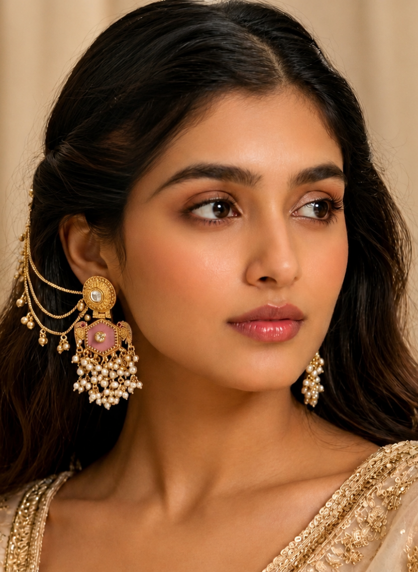 Royal Pink Kashmiri Earring with Ear Chain