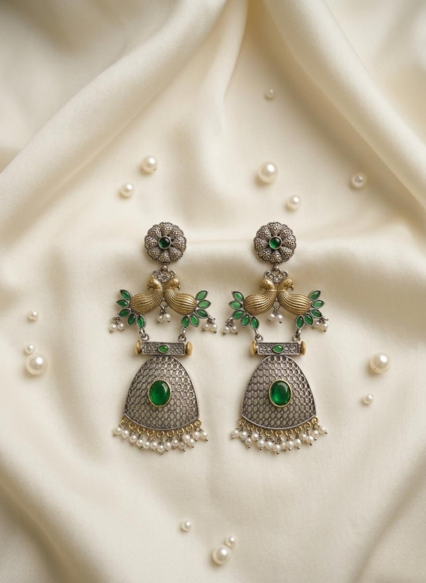 Green Grace German Silver Earrings