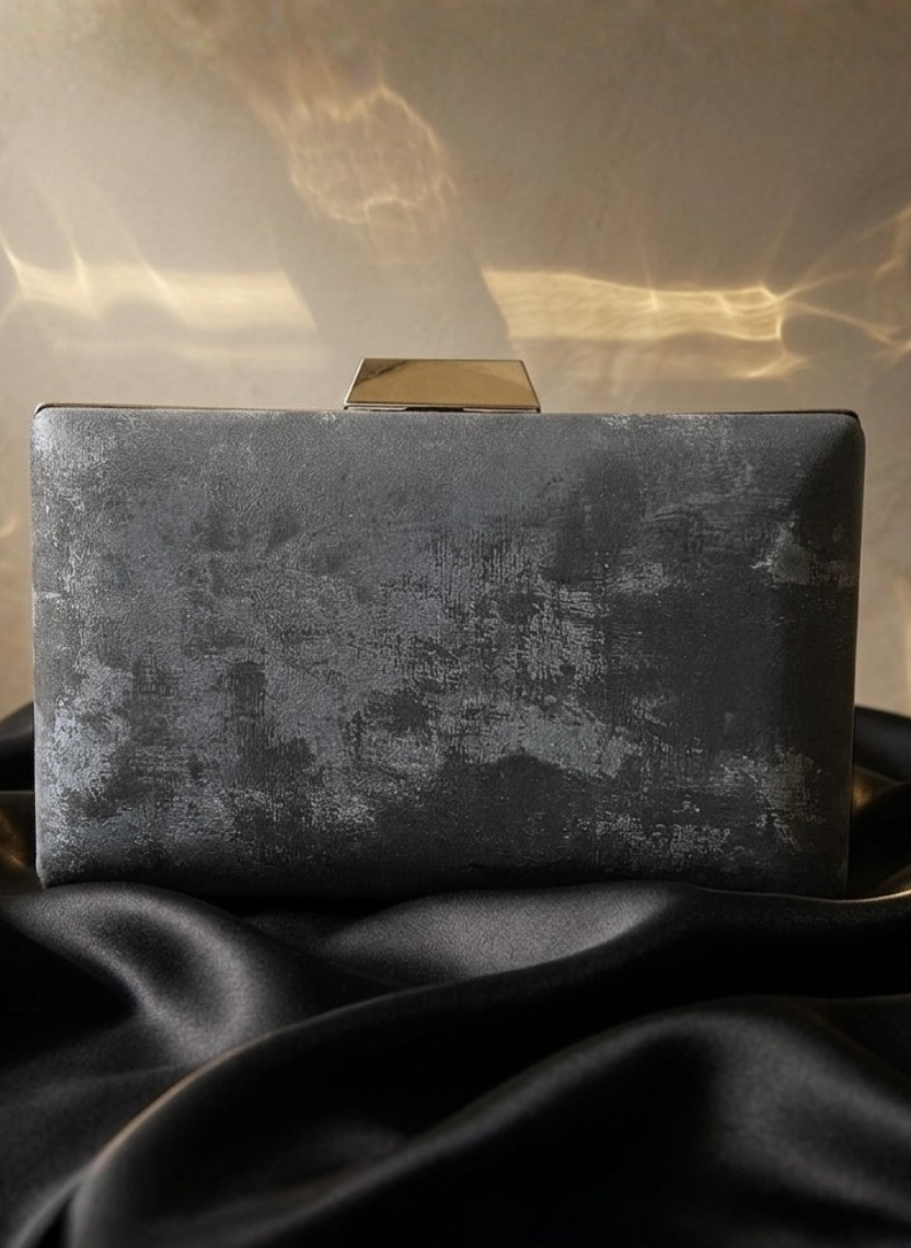 Textured Charcoal Metallic Box Clutch