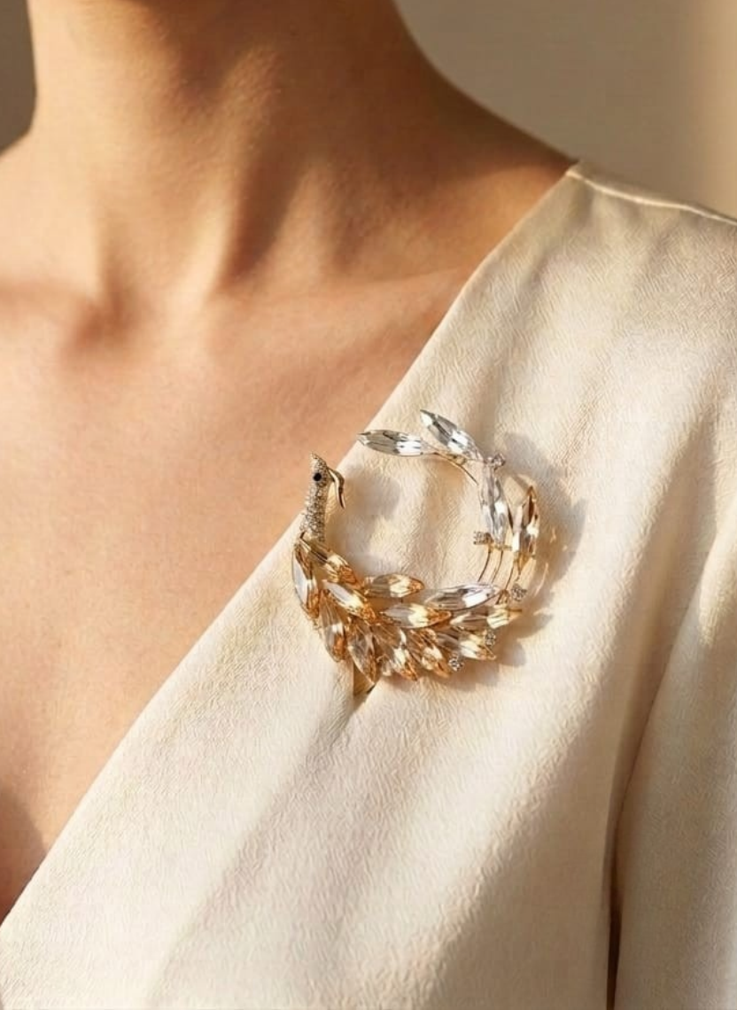 Golden Crystal Peacock Brooch