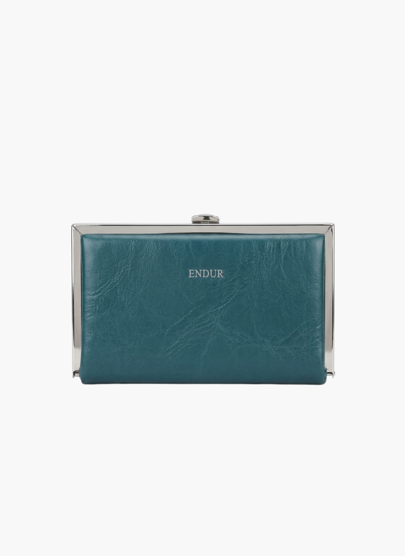 Elegant Teal Leather Frame Wallet Clutch