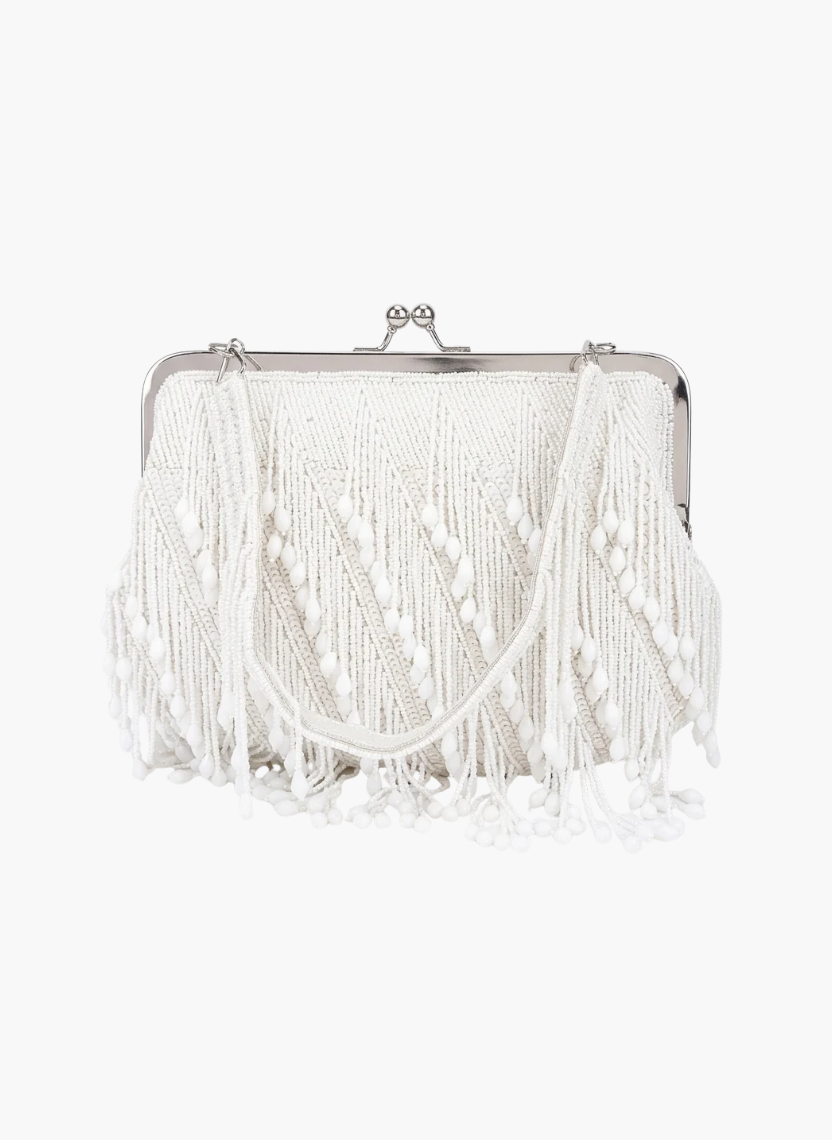White Beaded Fringe Clutch
