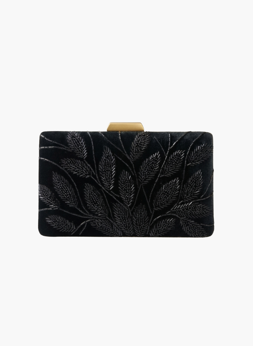 Black Leaf Embroidered Clutch