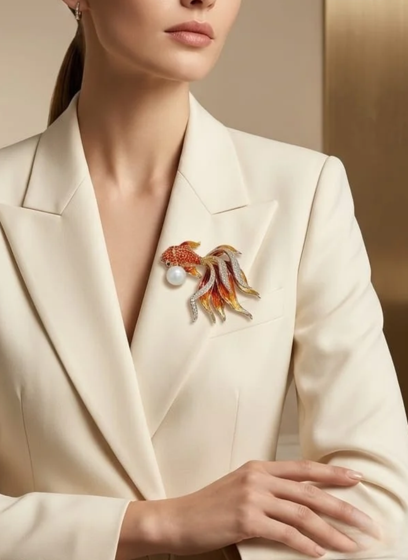 Crystal Goldfish Pearl Brooch