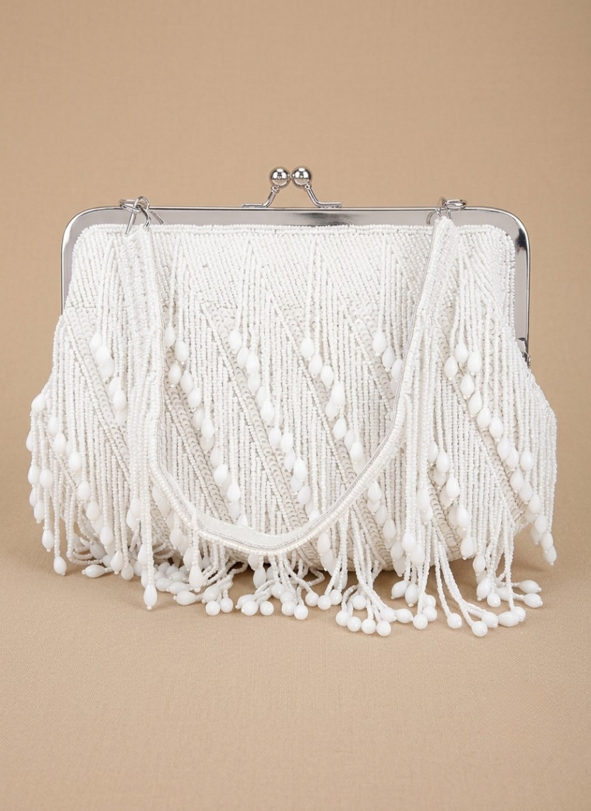 White Beaded Fringe Clutch