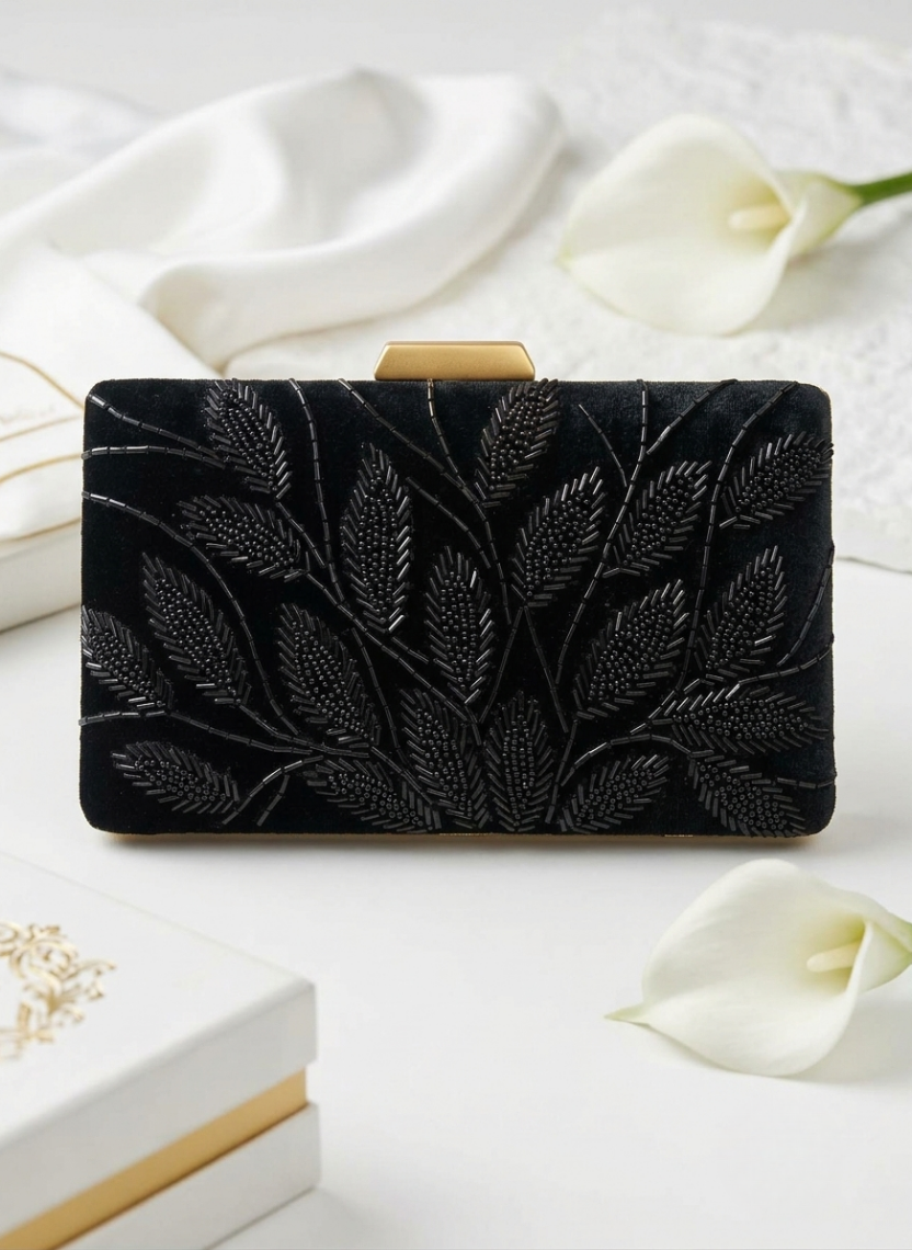 Black Leaf Embroidered Clutch