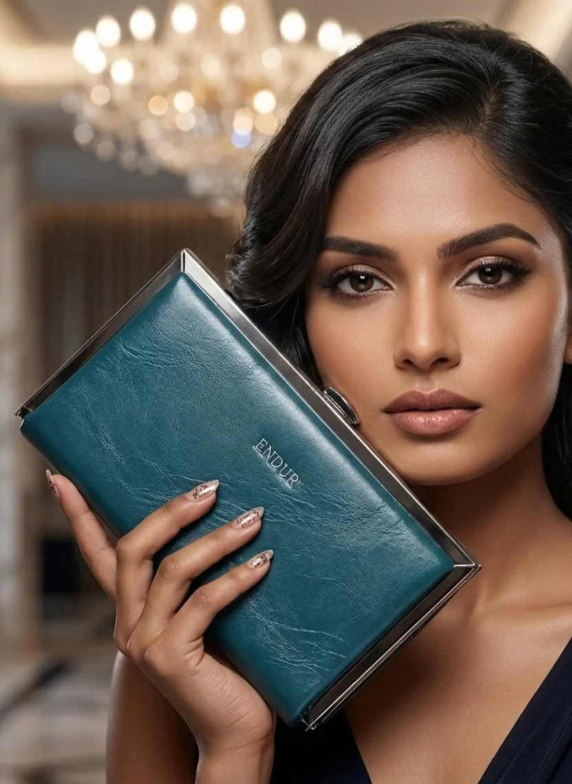 Elegant Teal Leather Frame Wallet Clutch