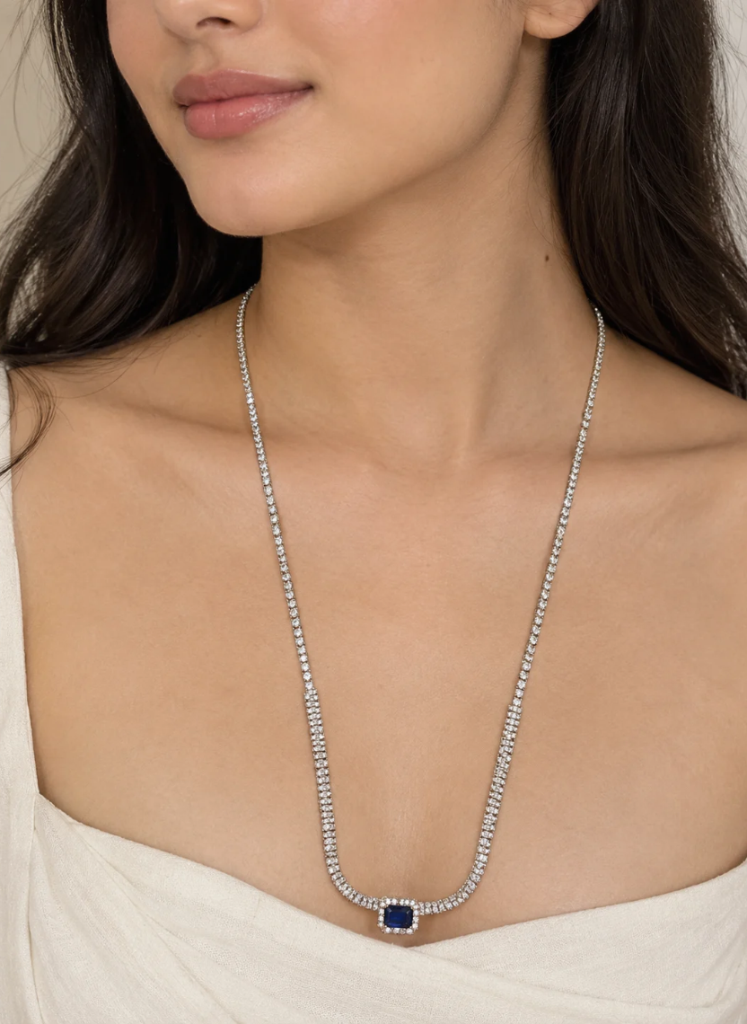 Blue Sapphire Halo Necklace