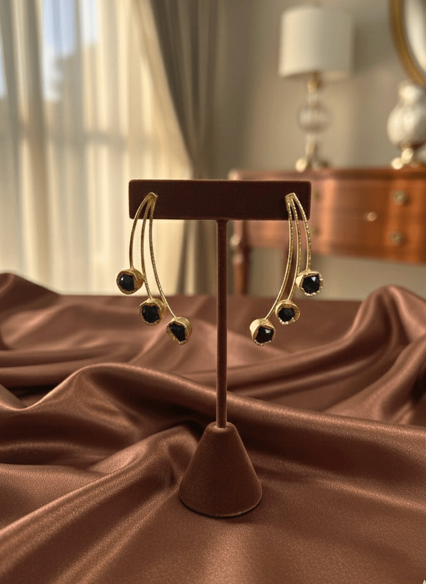 Arc Trio Brass Earrings with Black Stone Drops - WEB-ER-6 - Luxeria