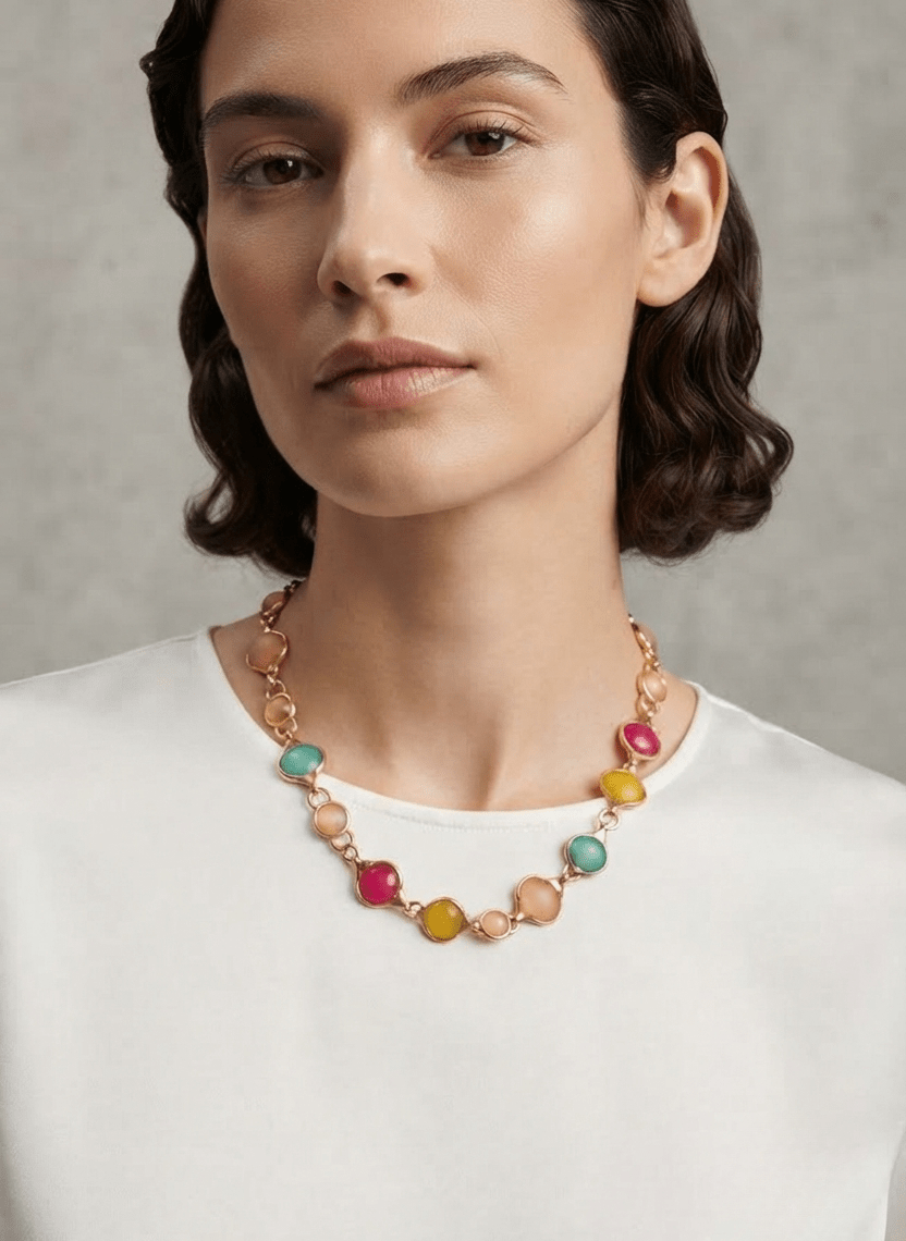 Colorful Cabochon Gold Necklace - 6HOT-CHA-026 - Luxeria