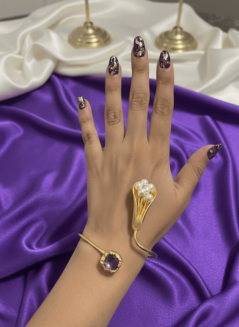 Floral Bloom Amethyst Pearl Brass Cuff - WEB-K-27 - Luxeria