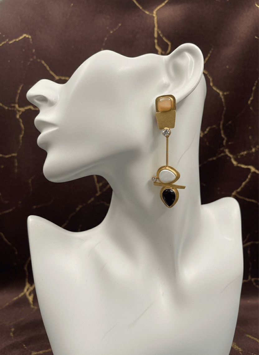 Geometric Cascade Earrings in Brass with Peach White and Black Stones - WEB-ER-1 - Luxeria