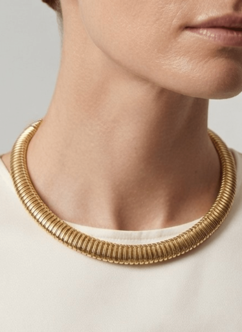 Gold Ribbed Choker Necklace - 6NAK-CHA-012 - Luxeria