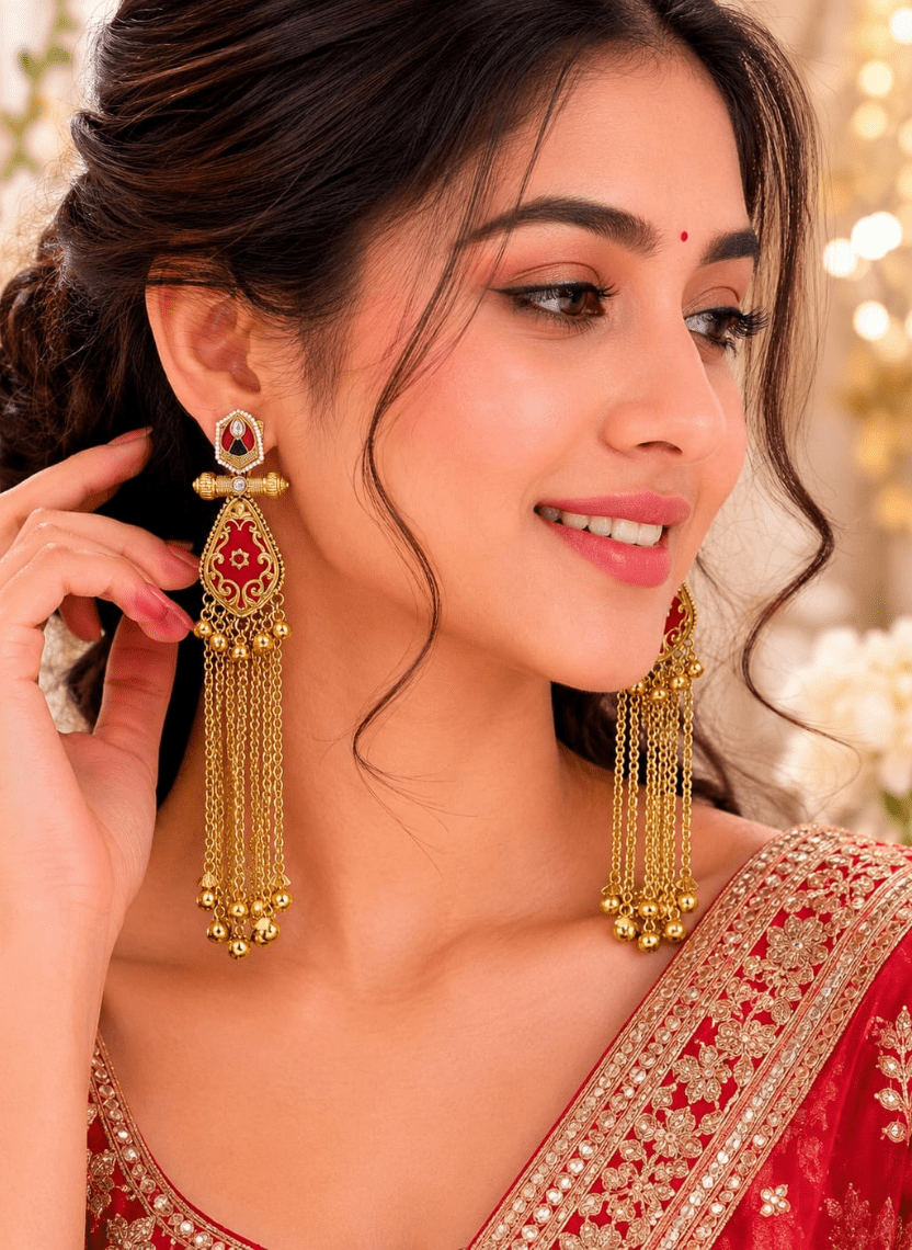 Golden Red Kashmiri Earring - HOT-EAR-021 - Luxeria