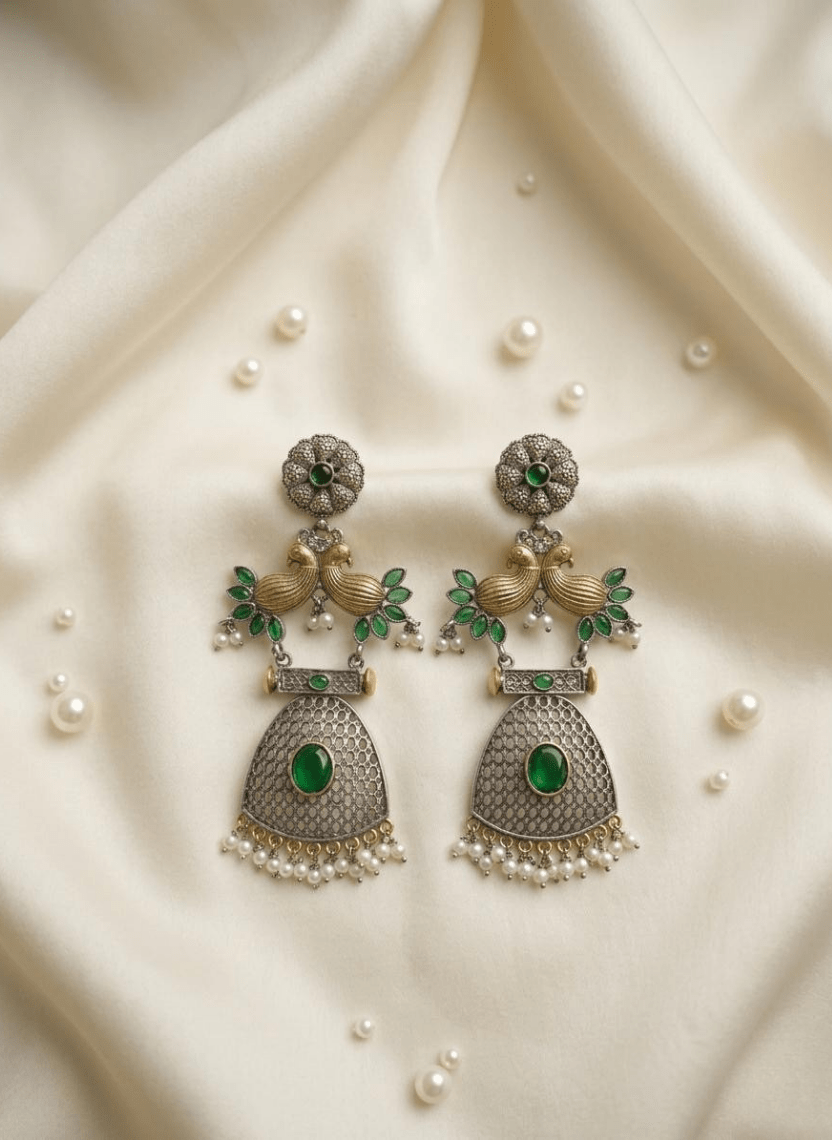 Green Grace German Silver Earrings - NAK-EAR-023 - Luxeria