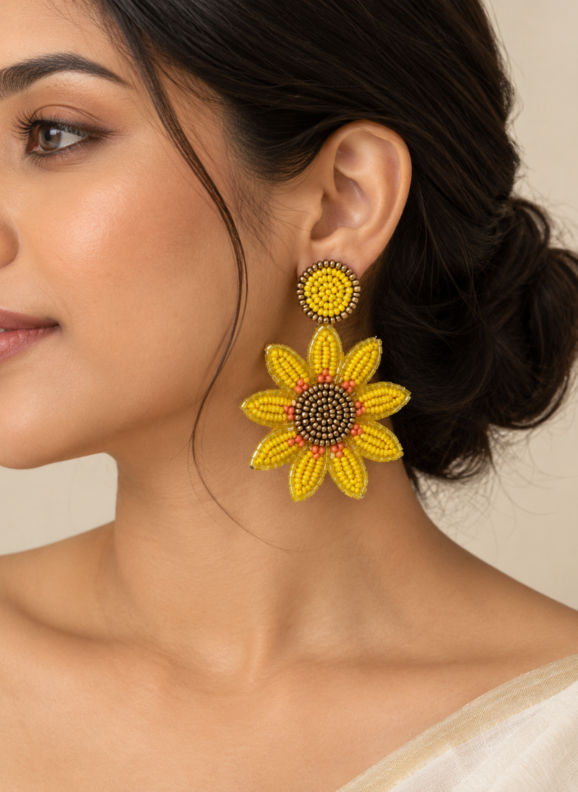 Yellow Beaded Sunflower Earrings