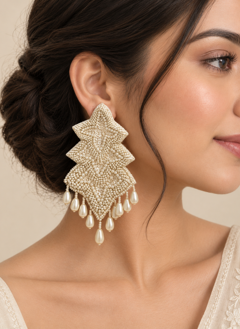 Ivory Beaded Drop Earrings