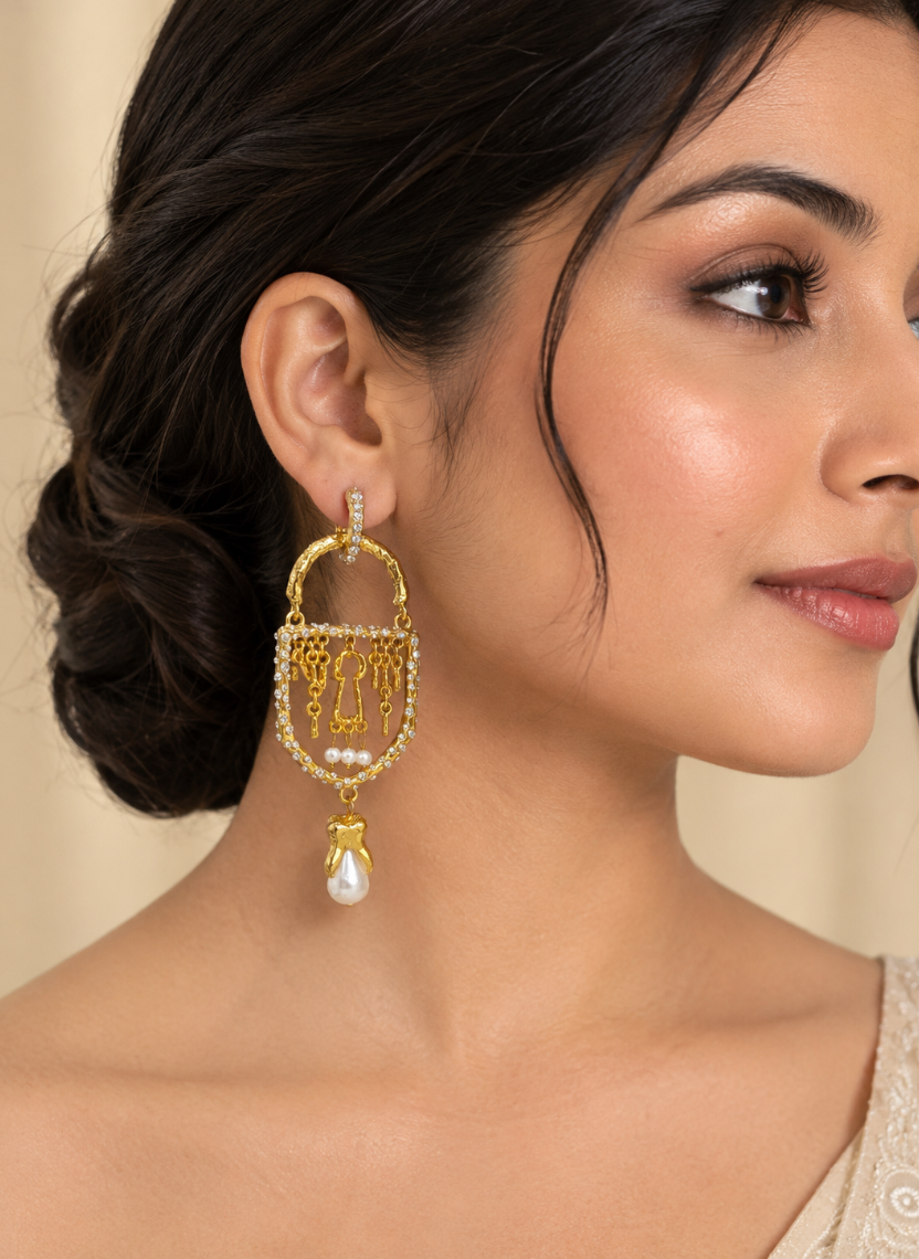 Golden Keyhole Pearl Earrings
