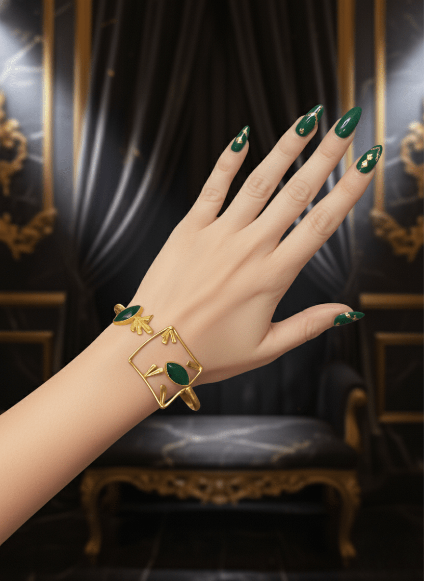 Quad Leaf Gold Bangle Geometric Green Stone Cuff - WEB-K-8 - Luxeria