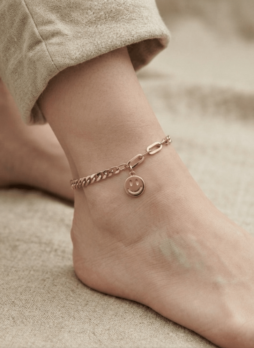 Rose Gold Smiley Charm Anklet - LABHBLT-C3-5 - Luxeria