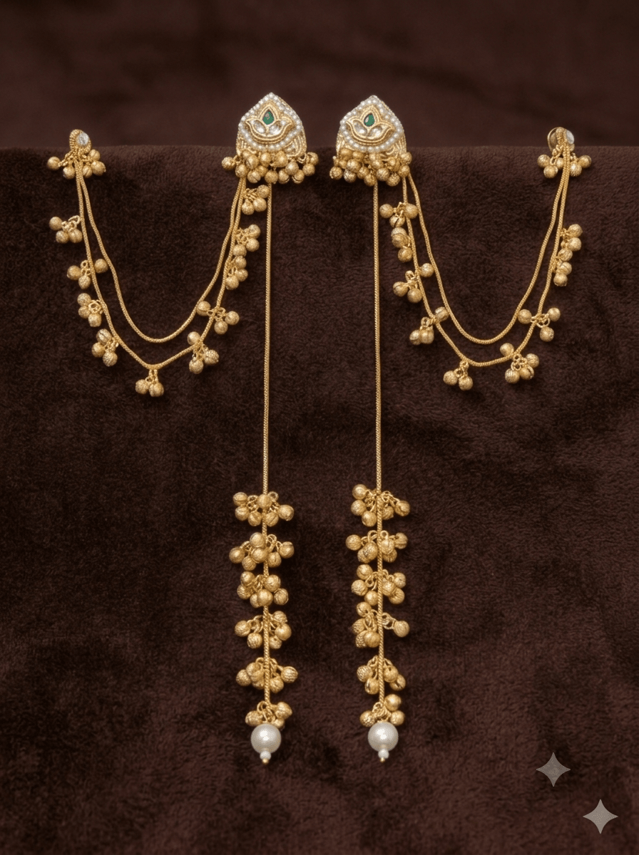Royal Green Kashmiri Earring with Ear Chain - HOT-EAR-031 - Luxeria