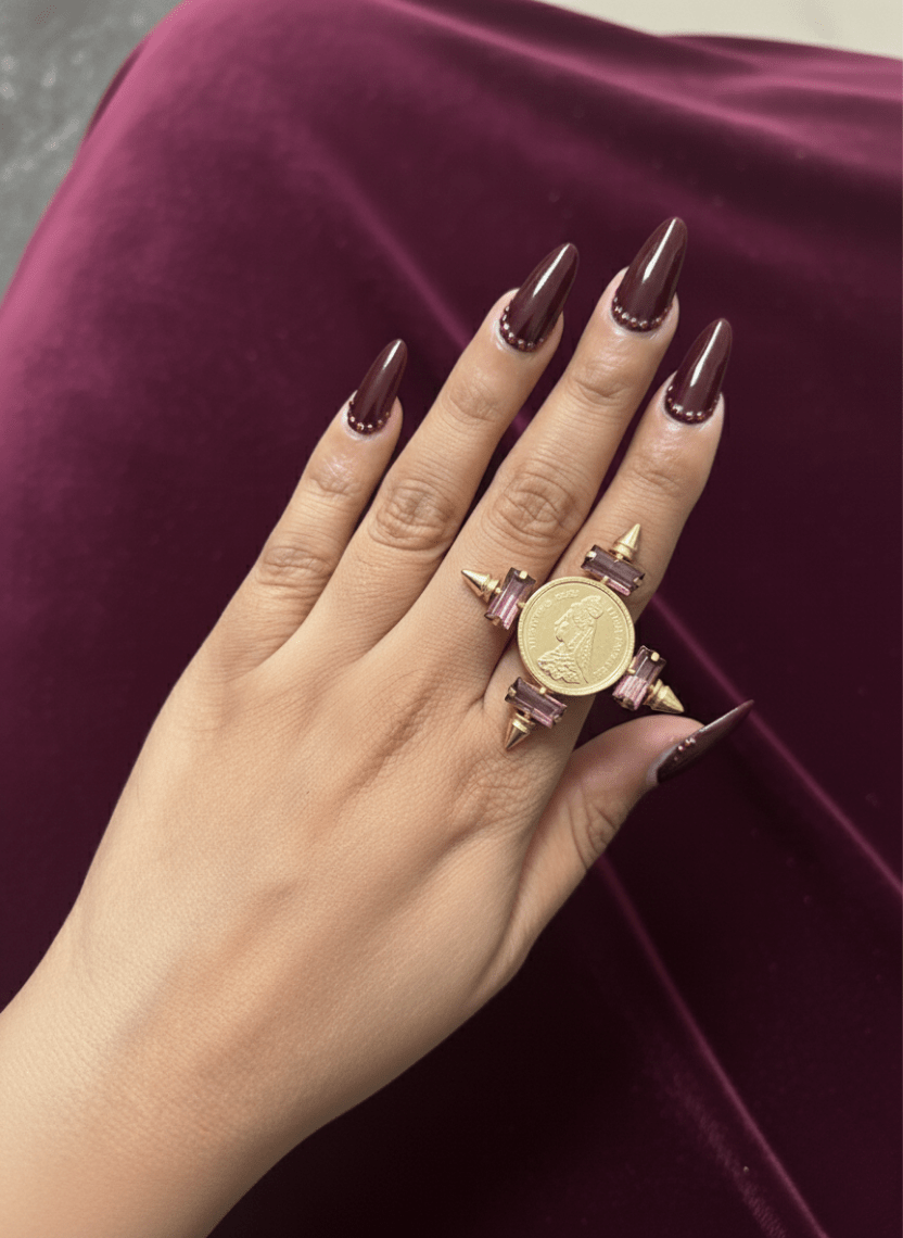 Royal Victoria's Brass Statement Ring with Pink Gems - WEB-R-7 - Luxeria