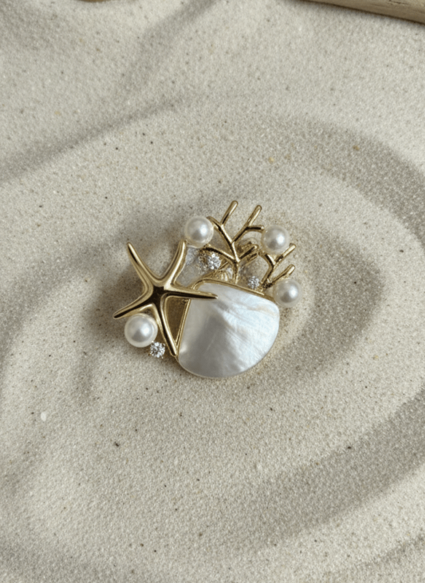 Seashell Pearl Brooch Pin with Starfish - WEB-B-008 - Luxeria